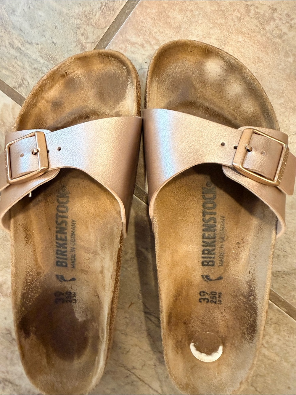 Birkenstock Single Strap Slide Sandals in Metallic Rose